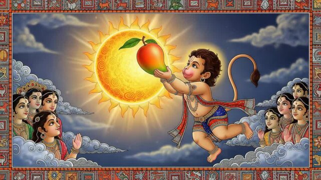 Vibrant Illustration of Young Hanuman Lifting the Sun, Depicted in Traditional Indian Miniature Painting Style Perfect for Religious, Cultural, and Spiritual Themes
