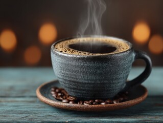 Steaming cup of hot coffee with coffee beans on a saucer, perfect for a morning beverage