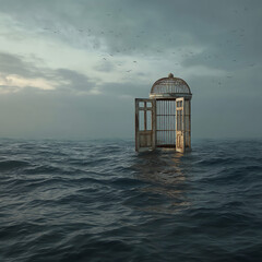 Open cage in the ocean under cloudy sky