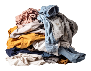 A tall, messy pile of clothes with a mix of colorful garments, including yellow, red, and blue items, creating a chaotic heap.