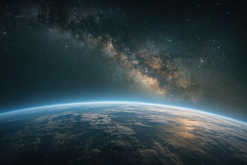 Obraz premium Celestial Frontier: A breathtaking panoramic vista unveils the awe-inspiring splendor of the cosmos, with the radiant Milky Way stretching across the canvas of night above a distant Earth. 