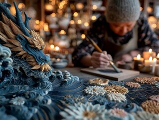 Artist meticulously crafting a detailed blue dragon sculpture with gold accents, surrounded by intricate floral patterns and warm candlelight