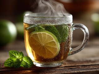 Closeup of a refreshing glass mug filled with hot tea, fresh mint leaves, and a slice of lime, creating a vibrant and invigorating beverage