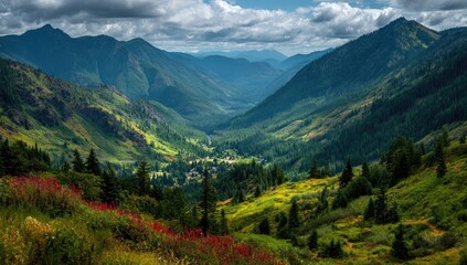 Fototapeta premium Mountain valley vista, lush green slopes, with colorful wildflowers and distant town