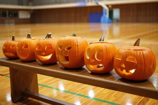Six carved pumpkins with glowing faces are lined up on a wooden bench in a gymnasium. - Powered by Adobe