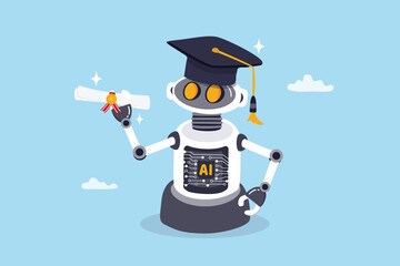 AI for education, Artificial Intelligence for academic learning or teaching innovation, education tech software using AI for school student, robot AI with graduated mortarboard hold diploma degree.