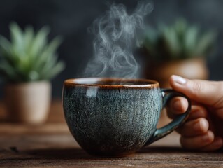 A hand holds a steaming cup of coffee with plants in the background, evoking a cozy morning atmosphere