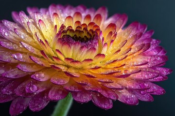 Close-up of a dew-kissed flower with purple and yellow petals