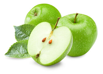 green apples with green leaves isolated on white background. clipping path