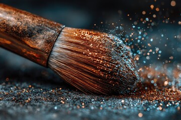 Close-up of makeup brush dispersing shimmering powder