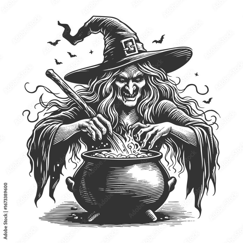 Poster wicked witch in a hat stirring a bubbling cauldron, surrounded by bats and magic sketch engraving ge