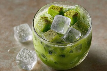 Iced matcha latte with ice cubes in a glass