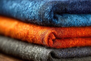 Stacked folded fabrics in blue, orange, and gray