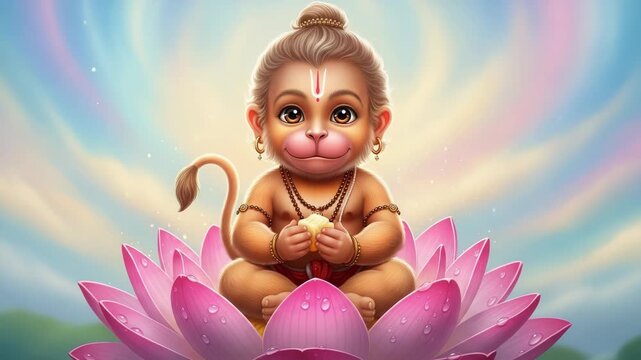 Chibi Style Illustration of a Devotee Sitting on a Lotus, Holding Butter, Surrounded by a Soft, Dreamy Sky, Perfect for Religious Celebrations