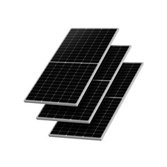 Black monocrystalline solar panels arranged in stack, representing renewable and eco-friendly technology.