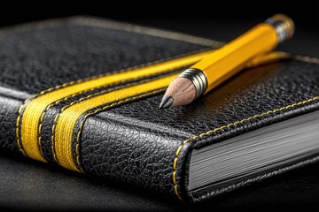 Black leather notebook with yellow accents and pencil