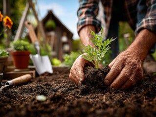 Hands planting a small green seedling in rich dark soil in a garden setting with gardening tools and a greenhouse in the background