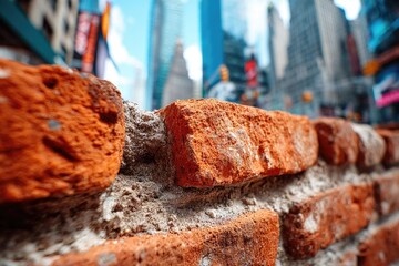 Close-up of a weathered brick wall against a blurred city backdrop