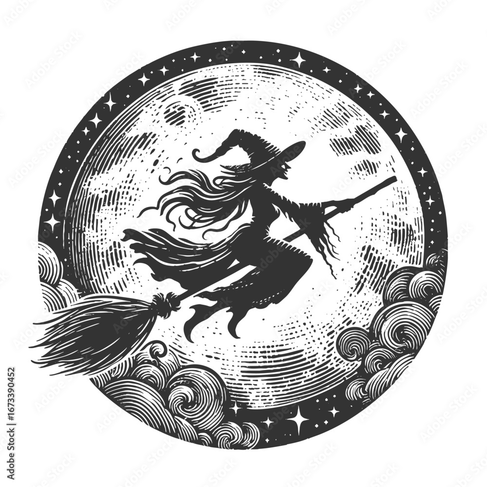 Poster witch in a hat and cape riding a broomstick with the full moon behind her sketch engraving generativ