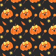 Cute Pumpkin Pattern with Lollipop, Leaves and Stars. Halloween Seamless Background