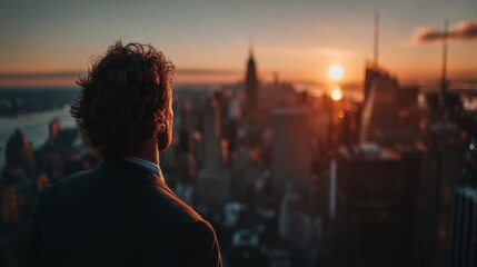 Man looking at the new york city skyline at sunset, contemplating the future