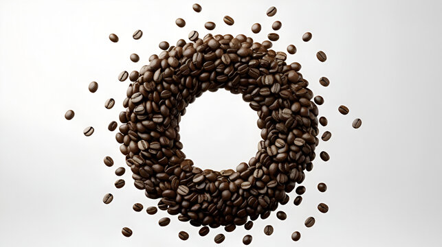 The coffee beans spin rotate quickly fast fly, dispart, splash to the sides with centrifugal coriolis force. The video is in reverse. Twist, create pattern, make design picture. Pressurized air wind.