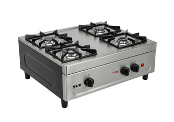 Commercial FourBurner Gas Stove Stainless Steel Kitchen Appliance for Restaurants and Businesses on transparent background