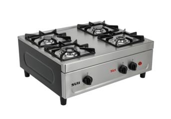Commercial FourBurner Gas Stove Stainless Steel Kitchen Appliance for Restaurants and Businesses on transparent background
