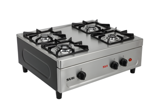 Commercial FourBurner Gas Stove Stainless Steel Kitchen Appliance for Restaurants and Businesses on transparent background - Powered by Adobe