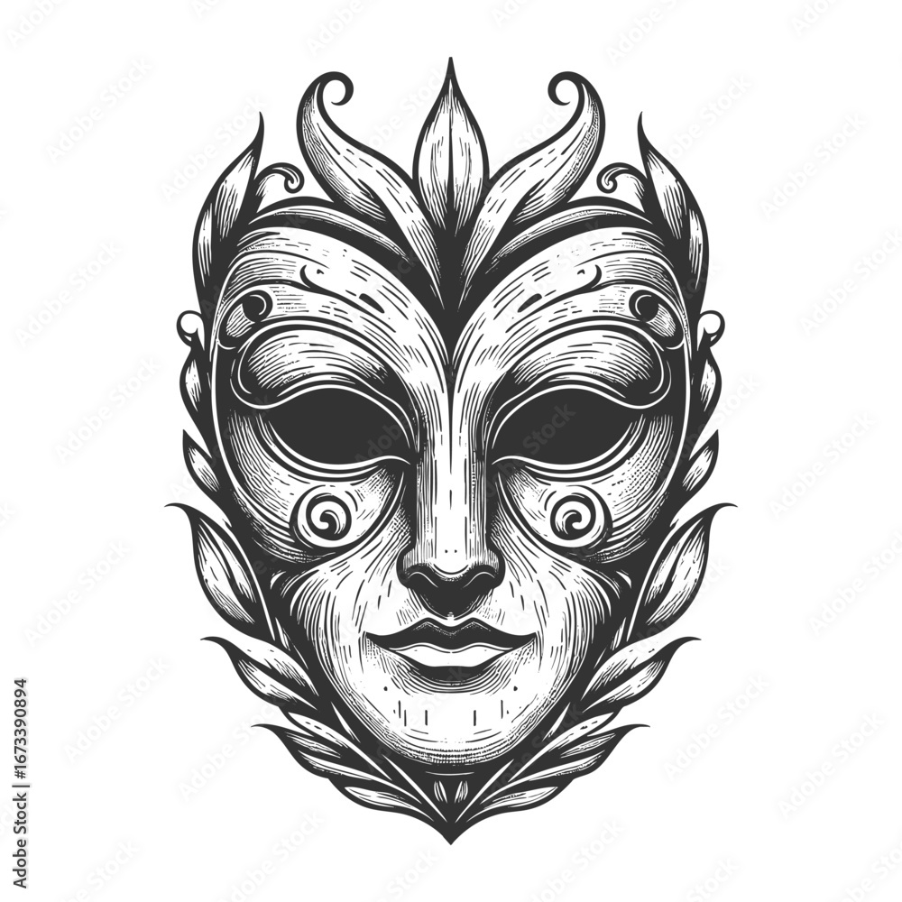 Poster haunting jester-style mask with flowing ribbon-like extensions, carved features, and a gothic myster