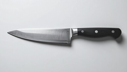Chef’s knife with black handle on gray surface.