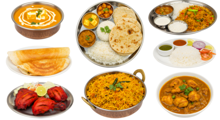 Indian Food Platter Assorted Indian dishes served with naan, rice, curry, dosa, and tandoori chicken
