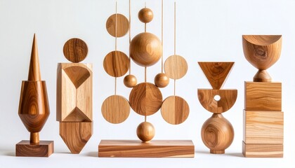 Wooden geometric sculptures on white background.