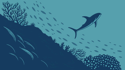 Underwater scene with marine life illustration.