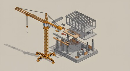 Construction Isometric View with Orange Crane and Building Elements