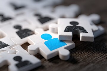 A single blue person puzzle piece amongst many black