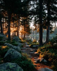 Sunbeams filter through tall pine trees onto a rocky forest path leading to a serene lake in the morning light