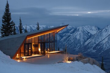 Modern mountain home illuminated at dusk, snow-covered peaks backdrop