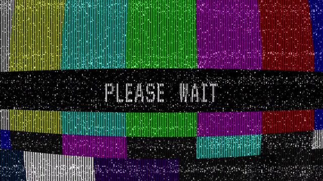 Please wait text on test pattern  old TV. Vintage and glitch style. 4k animation. 