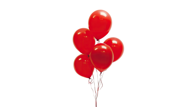 A cluster of five vibrant red balloons