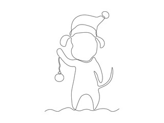 An abstract dog in a Santa hat with a Christmas tree toy in his hand, continuous single one line art drawing sketch, logo