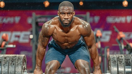 Muscular black man performing a deadlift exercise in a gym with intense focus