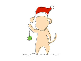 An abstract dog in a Santa hat with a Christmas tree toy in his hand, continuous single one line art drawing sketch, logo
