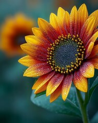 Closeup of a vibrant sunflower with dew drops on its petals at sunrise