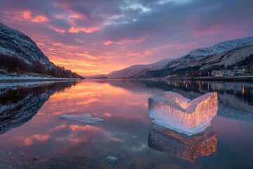 Serene sunrise over a calm loch, with a unique ice formation reflecting the vibrant sky