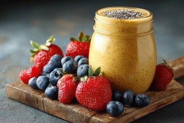 Creamy yellow smoothie in a jar with fresh berries