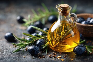 Glass bottle of olive oil with olives and rosemary