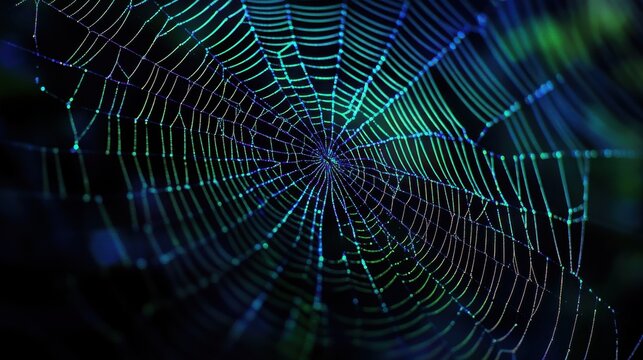 Illuminated spider web with blue and green hues against a dark background