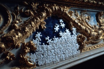 Intricate gold frame cradles incomplete jigsaw puzzle