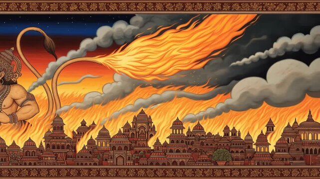 Hanuman Burning Lanka Vibrant Indian Miniature Painting of Epic Hindu Mythology Scene, Depicting Divine Power and Destruction, Ideal for Religious Art, Cultural Prints, and Spiritual Decor